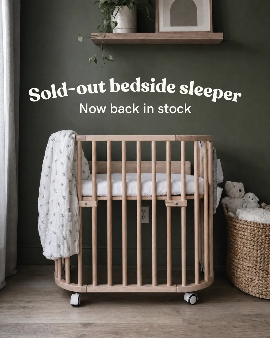 The babybay bedside sleeper in a nursery, back in stock