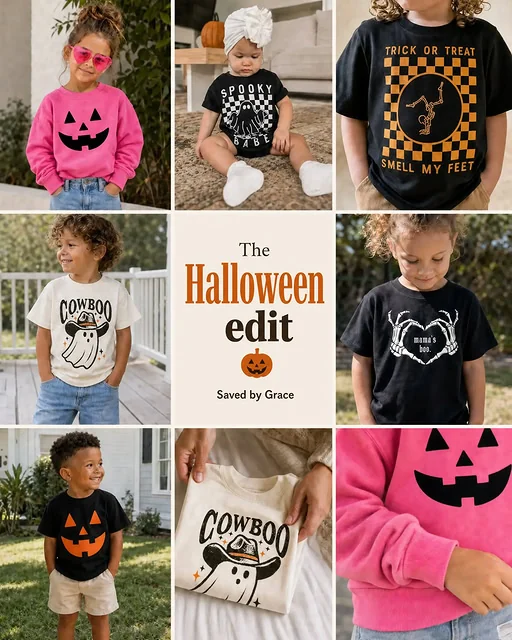 Saved by Grace's Halloween edit: kids in pumpkin, ghost and skeleton tees